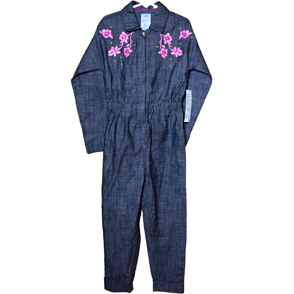 Disney Mulan Girls 5/6 Denim-Look Jumpsuit Mushu Floral Embroidered NWT